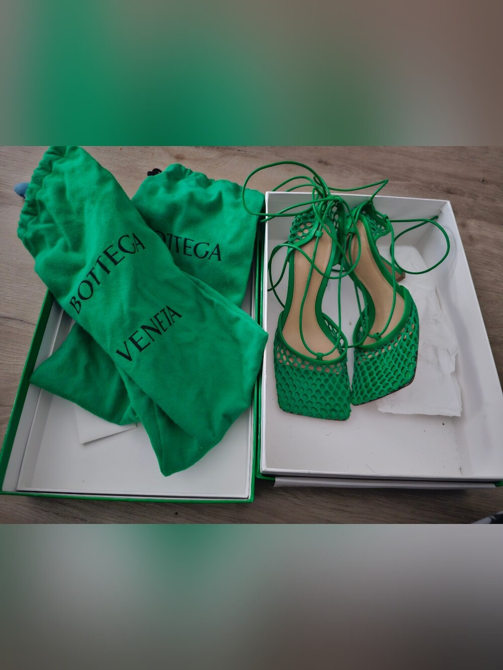 Bottega Veneta Emerald Green Woven Lace-Up Heels